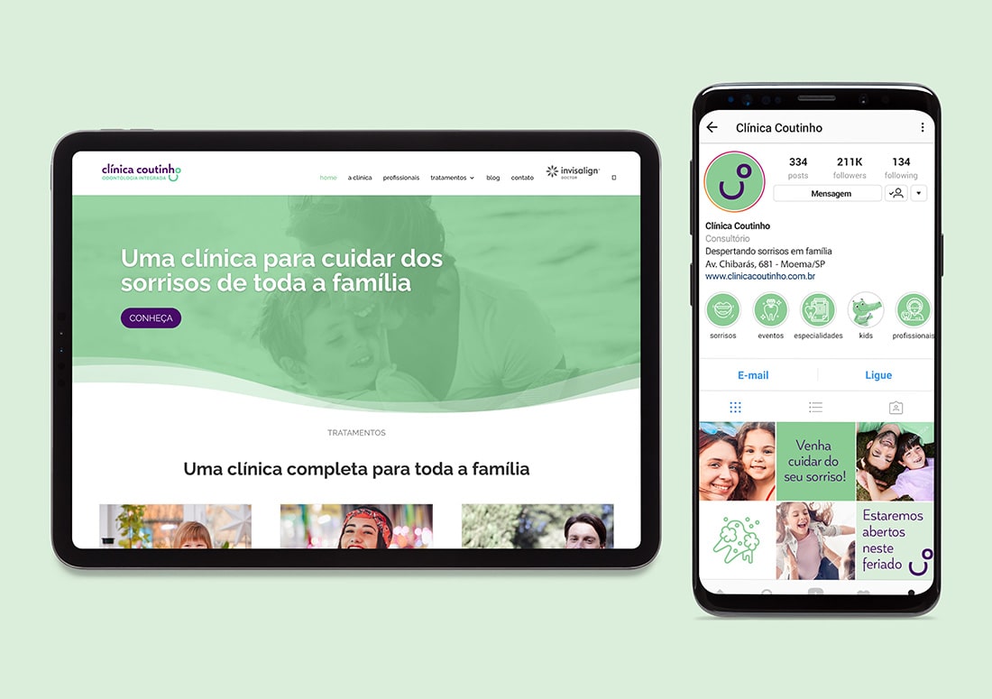 imagem de tela de computador e celular com website e perfil do instagram da Clinica Coutinho