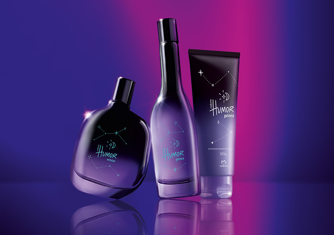 Imagem de dois perfumes e um hidratante da linha Natura Humor Galáxia e Estelar
